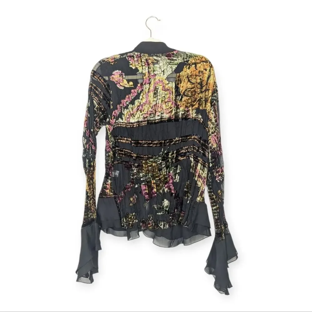 Alexandra Rosati Vintage Top L Black Multicolor Ruffle Button Front Boho